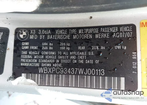 2007 BMW X3 3.0Si from USA, damaged, VIN WBXPC93437WJ00113